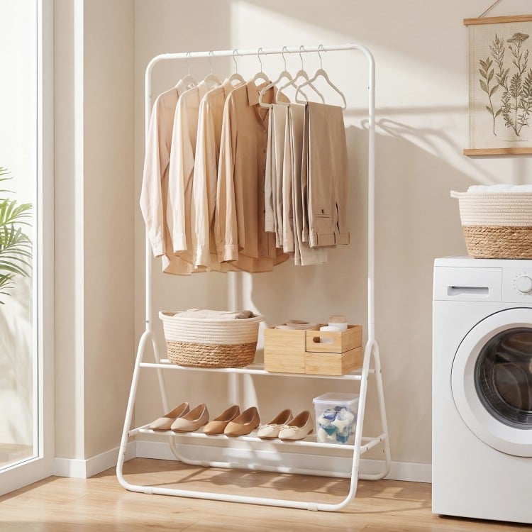 Heavy Duty Clothes Rack with Hanging Rod and Storage Shelves-White