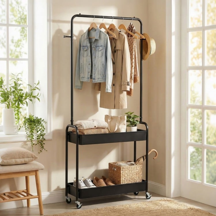 Heavy-Duty Laundry Cart with Hanging Rod and 2 Storage Baskets for Bedroom-Black