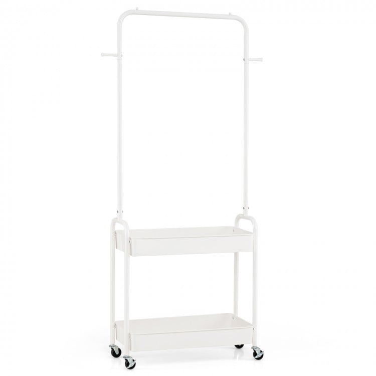Heavy-Duty Laundry Cart with Hanging Rod and 2 Storage Baskets for Bedroom-White