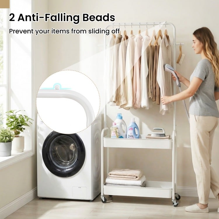Heavy-Duty Laundry Cart with Hanging Rod and 2 Storage Baskets for Bedroom-White