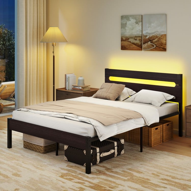Heavy-Duty Metal Slats Support Bed Platform with Charging Station-Walunt
