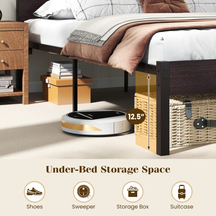 Heavy-Duty Metal Slats Support Bed Platform with Charging Station-Walunt