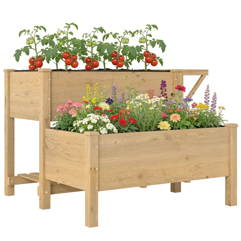 Wooden Raised Garden Bed, 2-Tier Raised Planter with Storage Shelf, Side Board, Drainage Holes and Liner