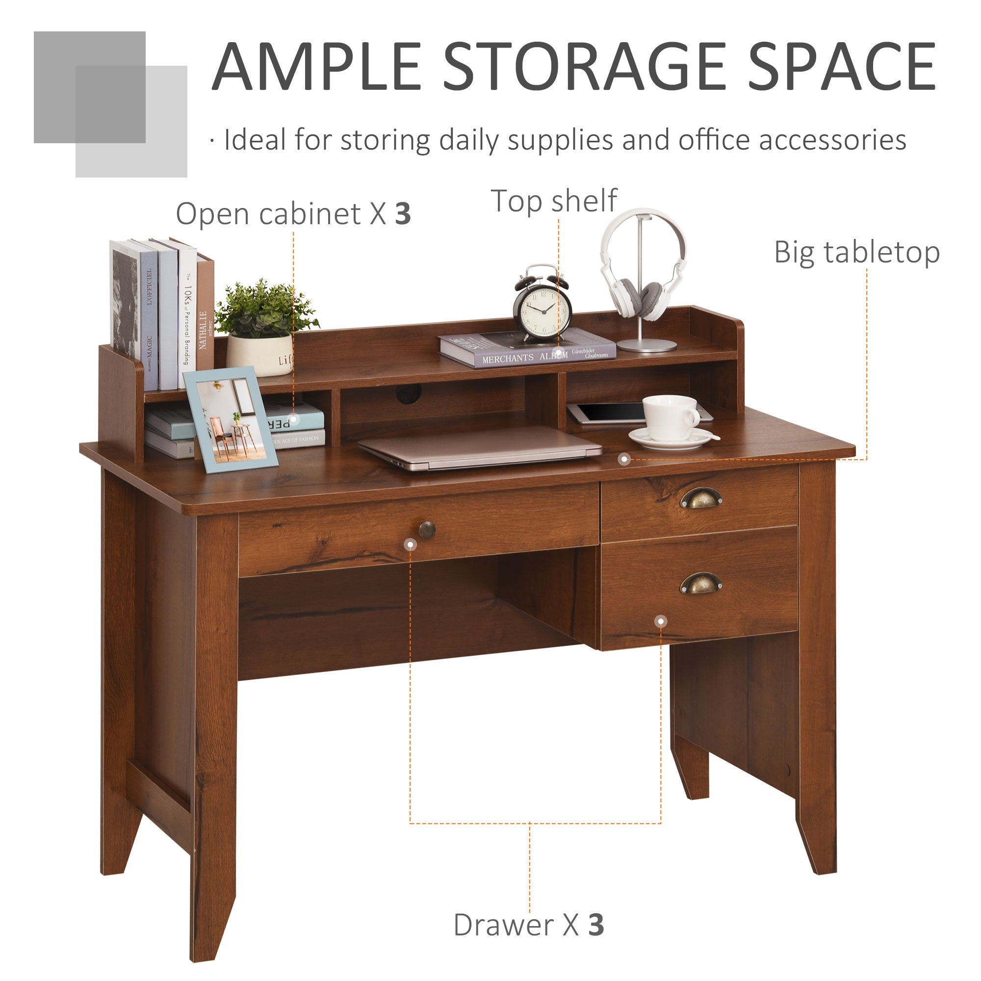 HOMCOM Home Office Desk with Hutch Storage Brown Writing Table with Drawers Shelf & Cable Management for Study Workstation