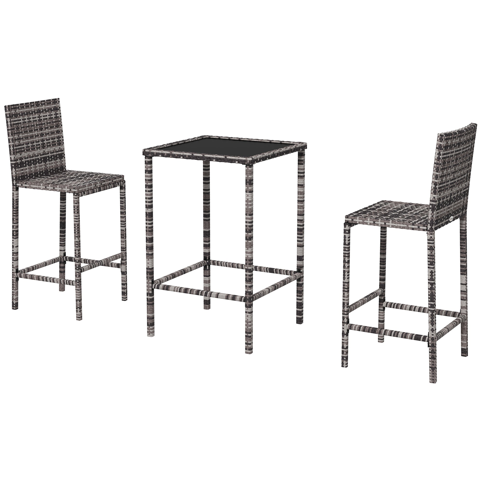 Outsunny 3 Piece Patio Bar Set Wicker Rattan Bistro Set Barstool and Table Patio Backyard Balcony Poolside Grey
