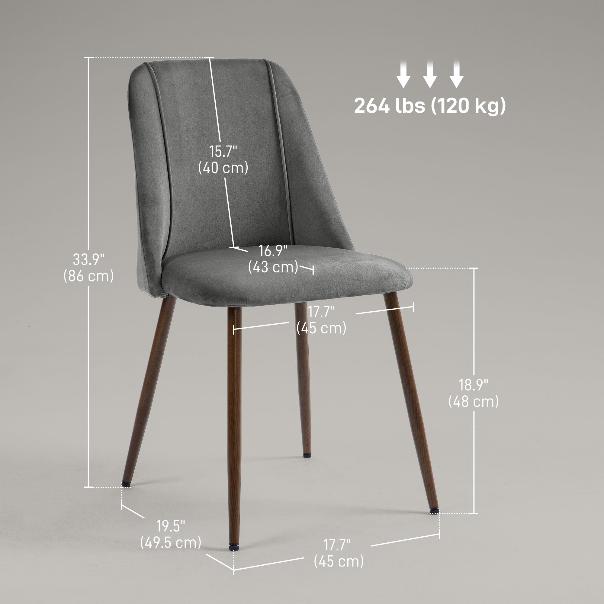 HOMCOM Upholstered Dining Chairs Set of 4, Velvet Accent Chair with Back and Wood-grain Steel Leg for Kitchen, Dark Grey