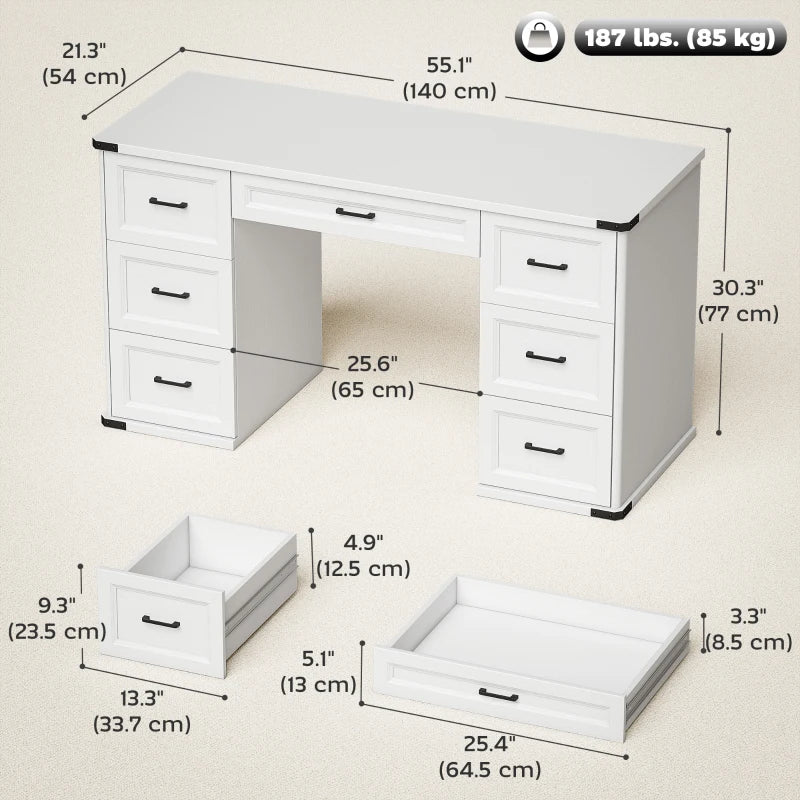 55" Computer Desk with 7 Drawers, Farmhouse Executive Desk for Home Office, Study, Bedroom, White Wood Grain