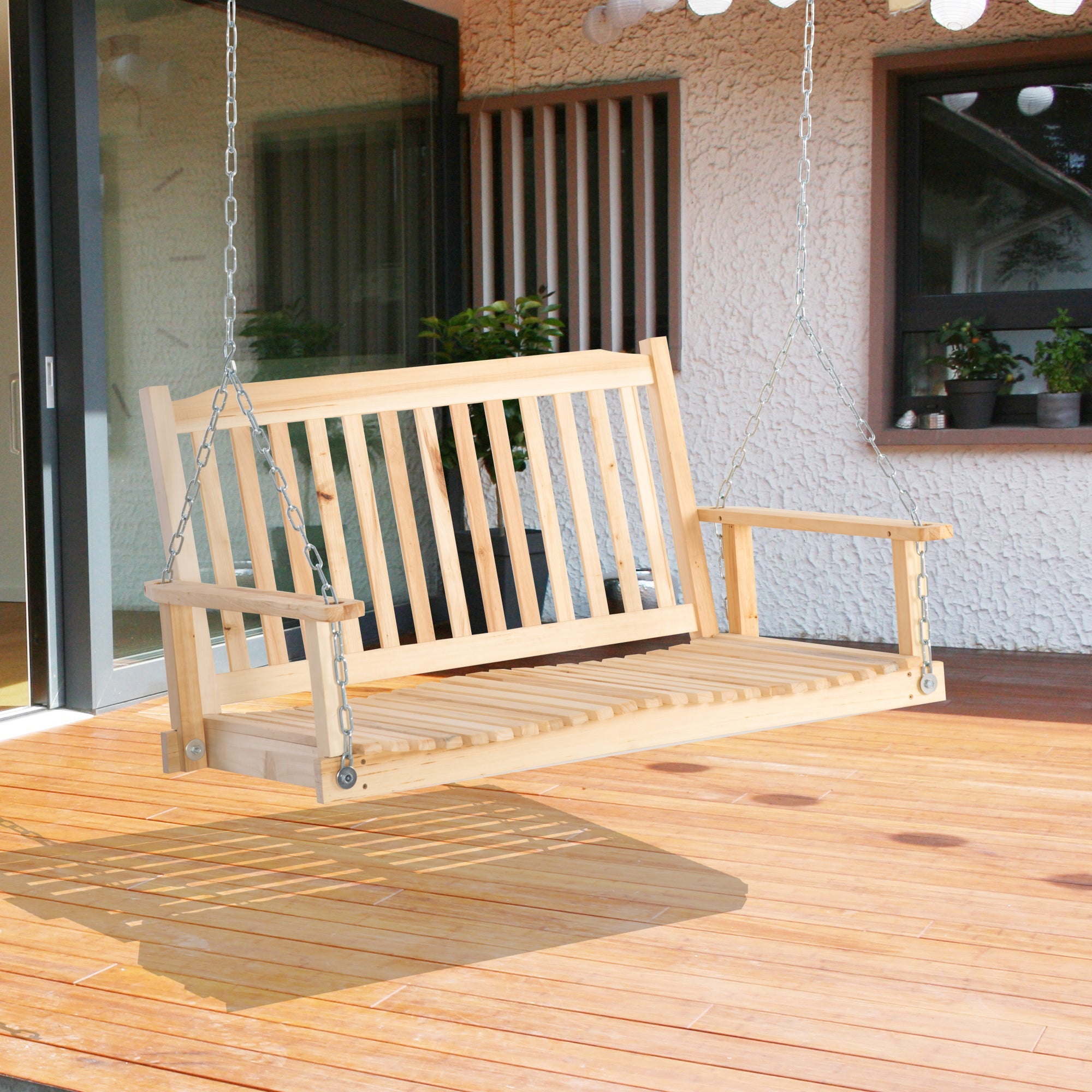 Outsunny Patio Swing Bench: 2-Person Natural Wood Design with Adjustable Hanging Chains