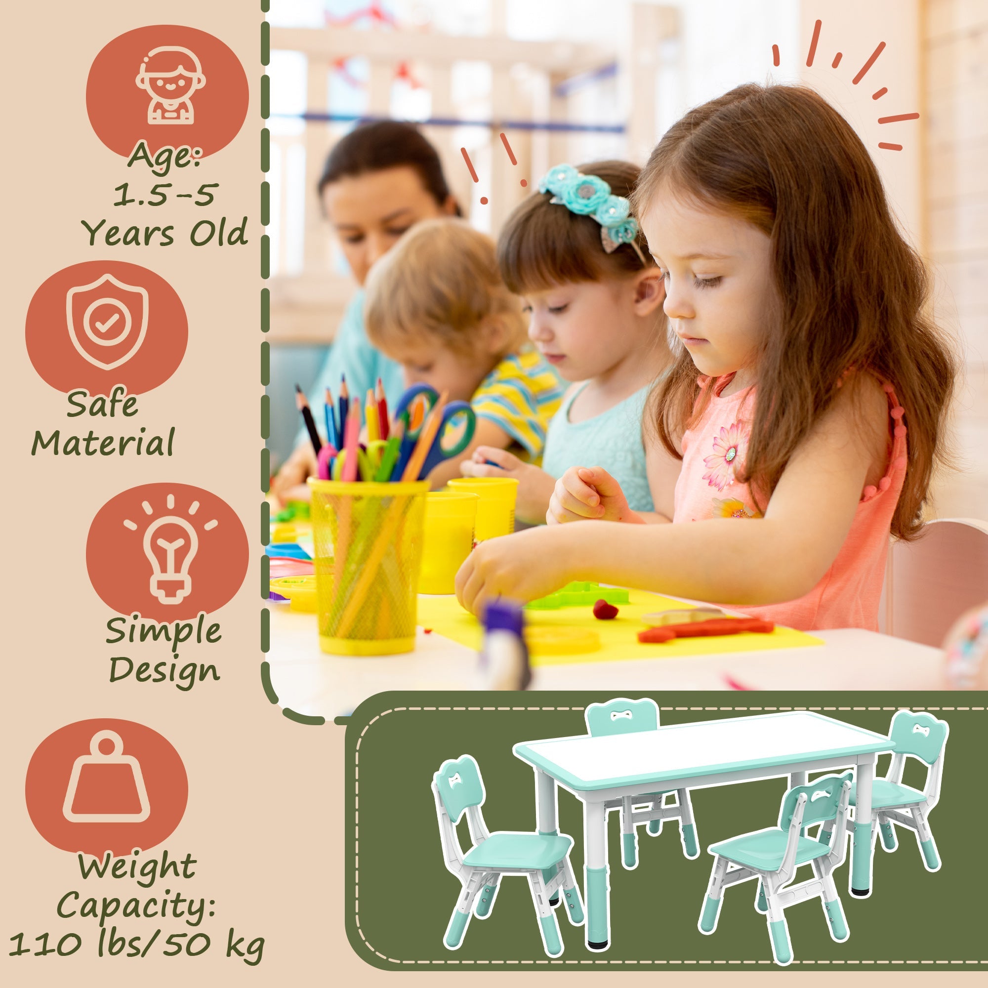 Qaba Kids Table & 4 Chair Set: Adjustable Height, Durable, Easy Clean for Toddlers in Green