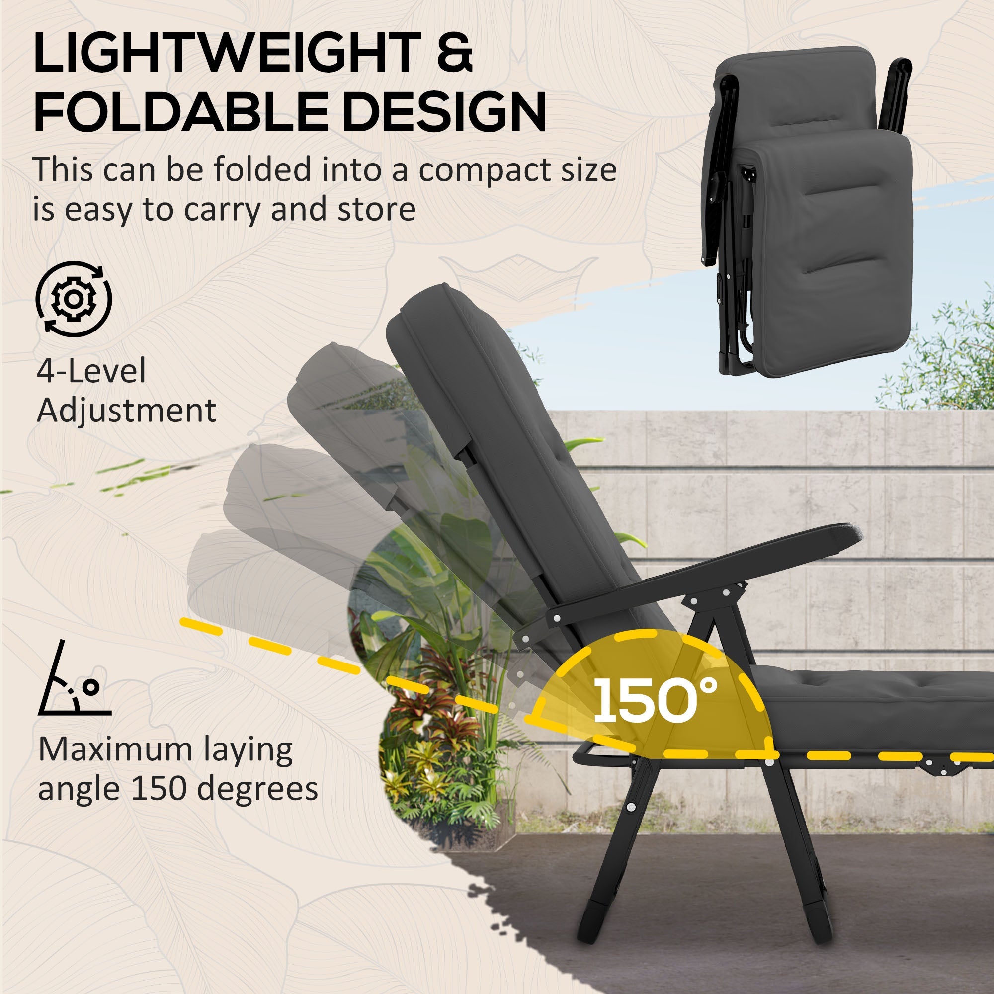 Outsunny Padded Outdoor Lounge Chair Folding Recliner with Adjustable Back Footrest Cushioned Light Grey