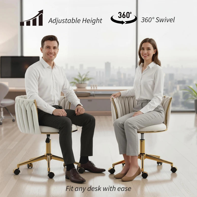 Office Chair, Vanity Chair with Woven Back, Adjustable Height, Rolling Wheels, Cream White