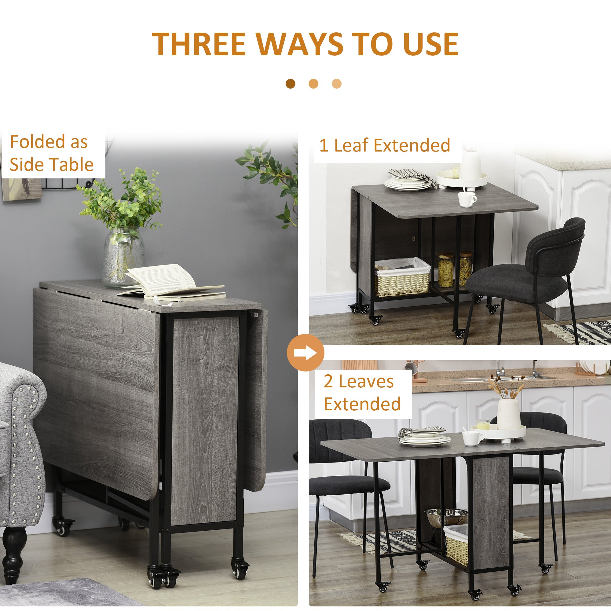 HOMCOM Folding Dining Versatility: Mobile Drop Leaf Extendable Kitchen Table for Small Spaces, Storage Shelf, 6 Wheels, Grey Finish