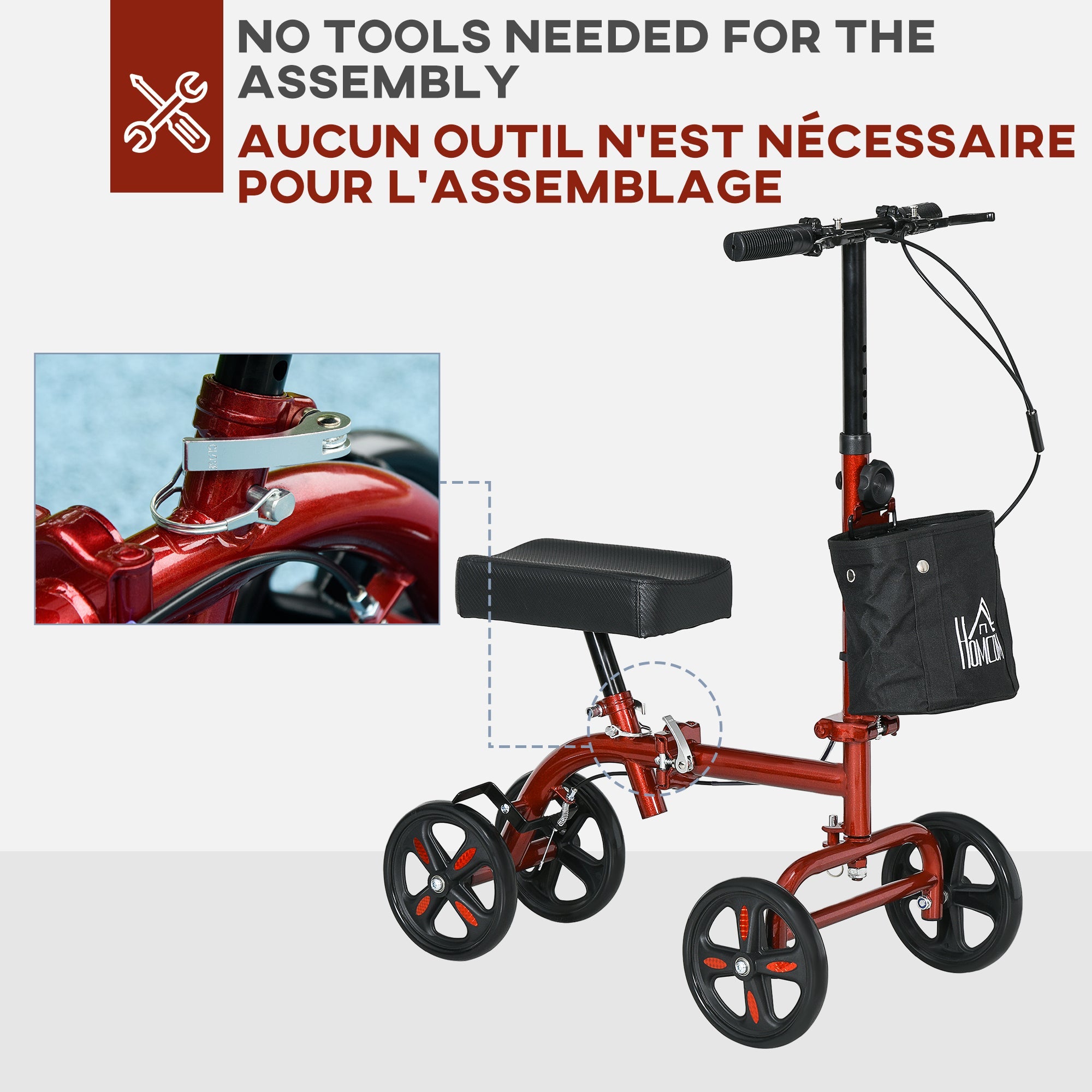 HOMCOM Foldable Knee Scooter Steerable Walker Dual Brakes Adjustable Height Crutch Alternative Mobility Aid Red