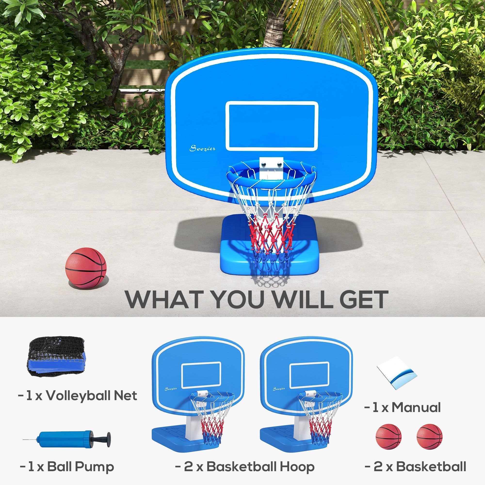 Soozier 2-in-1 Pool Basketball Hoop Poolside & Volleyball Set, Portable Basketball Hoop with Fillable Base