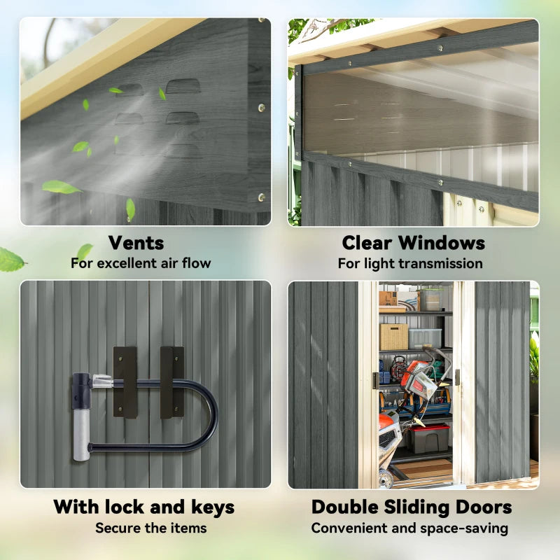 6.5x4FT Galvanised Metal Shed with Foundation Kit, Lockable Garden Tool Storage House with Sliding Doors, Vents, Grey