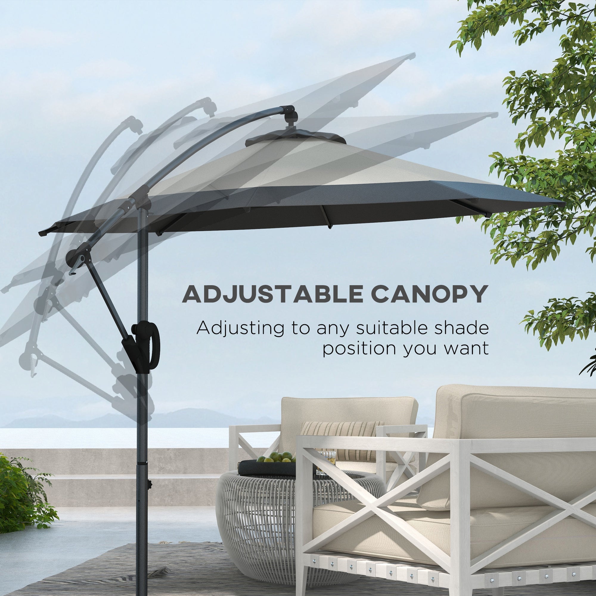 Outsunny 10 FT Cantilever Umbrella, Round Hanging Offset Umbrella with Crank, Tilt and Cross Base for Garden, Backyard, Grey
