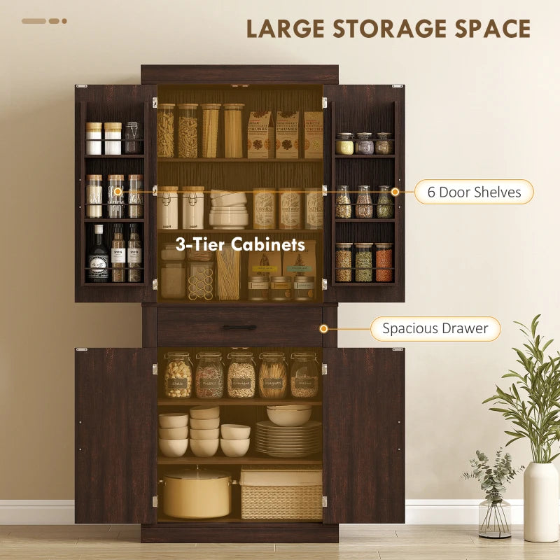 72" Kitchen Pantry Cabinet, Farmhouse Kitchen Storage Cabinet with 4 Barn Doors, 6 Door Shelves, Drawer, Brown