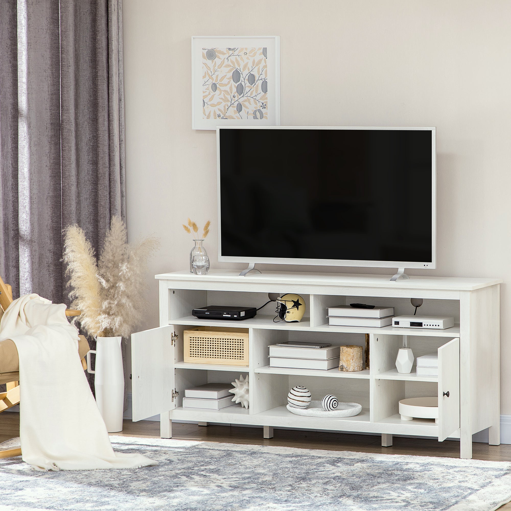 HOMCOM TV Stand: For 55" TVs, White, Cupboard, Shelves, Storage Space, 55.1"x15.7"x27", Wood Media Console