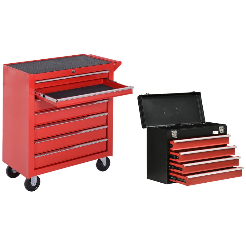 Lockable Tool Chest and Tool Box Set of 2, 7 Drawer Tool Cabinet with Wheels, 4 Drawer Portable Tool Chest with Handle for Garage, Factory, Workshop, Red