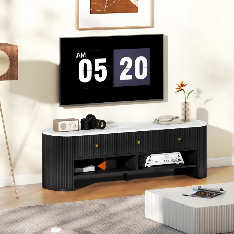 TV Stand, Modern TV Table with Marble-Effect Top, 3 Drawers and 2 Open Shelves for 32-65 Inch Television, Black