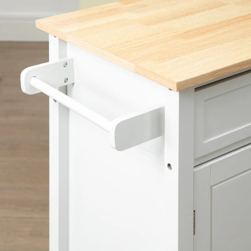Rolling Kitchen Cart with Wood Top and Drawer, Kitchen Island on Wheels for Dining Room, White