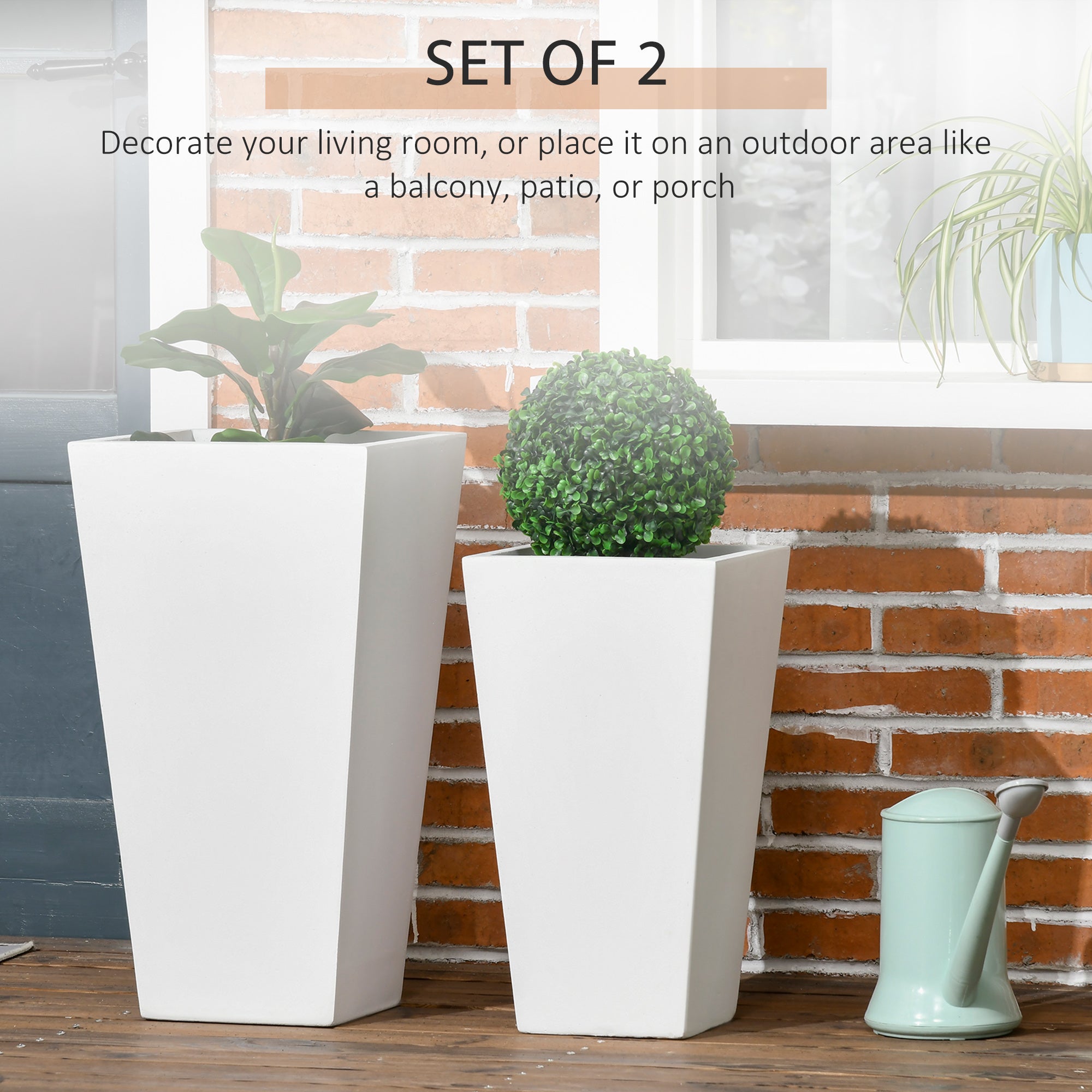 Outsunny Set of 2 Tall Planters with Drainage Holes, 22" / 18" Outdoor Flower Pots for Patio, Yard, Garden, White