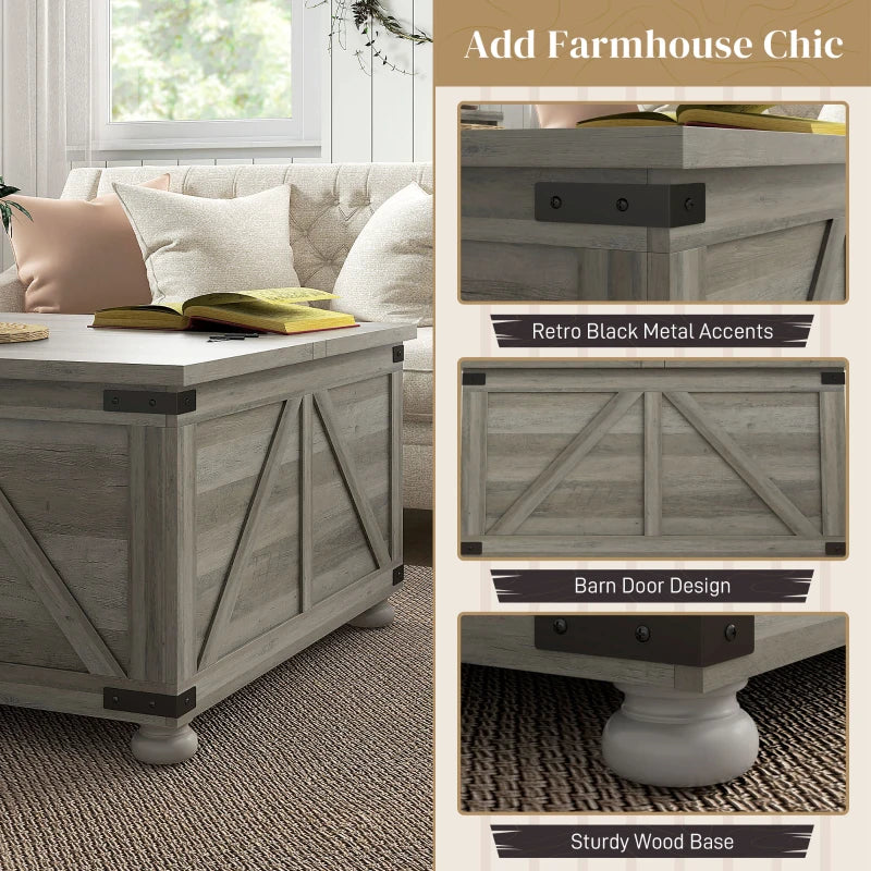 Farmhouse Coffee Table, Square Center Table with Flip-top Lids, Hidden Storage Compartment and Wooden Legs, Distressed Grey