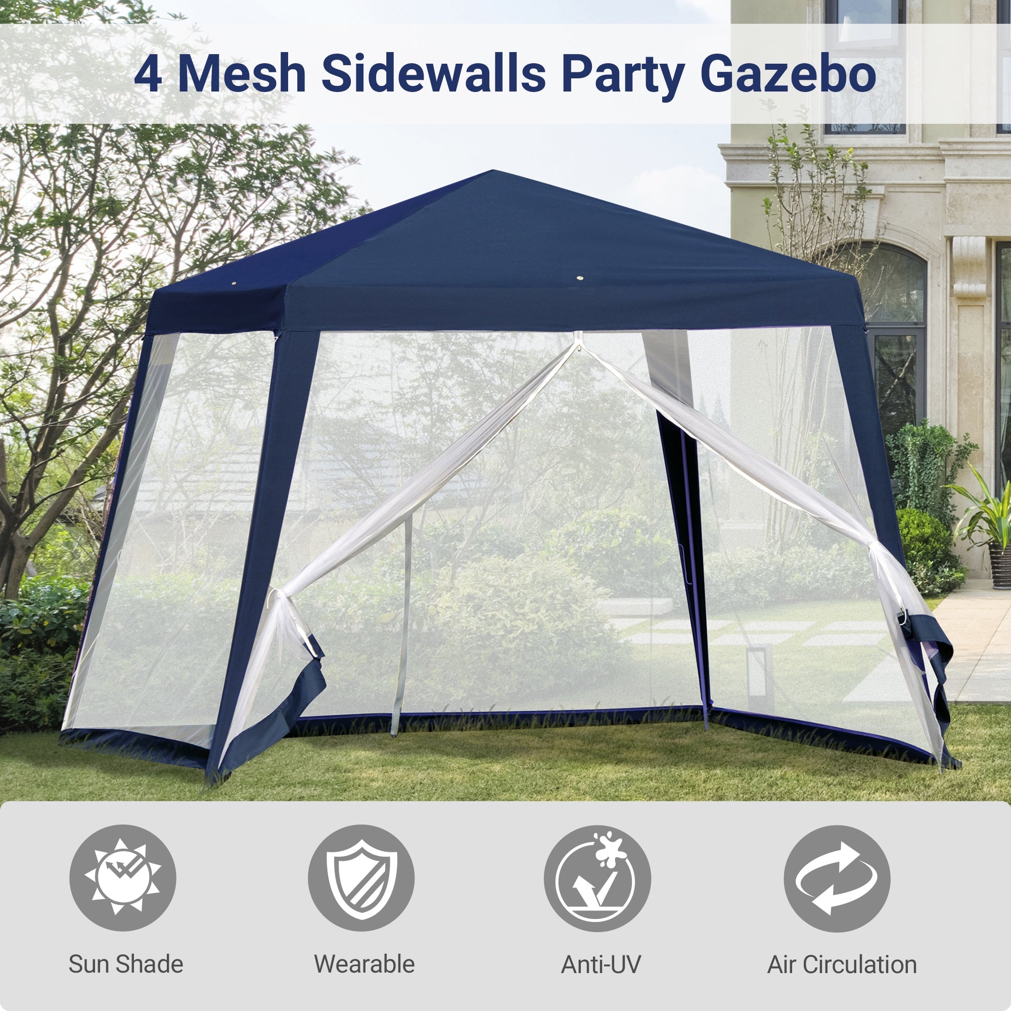 Outsunny 10x10ft Outdoor Party Tent Patio Canopy Gazebo with Netting Sun Shade Shelter Garden Blue