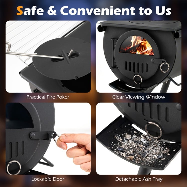 Hot Tent Stove with Chimney Pipes and Foldable Legs for Outdoor Heating