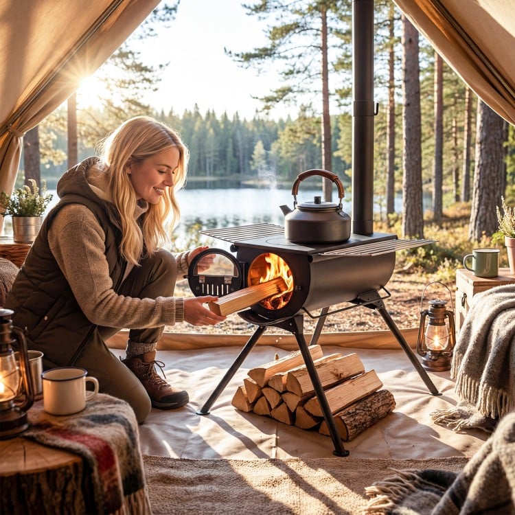 Hot Tent Stove with Chimney Pipes and Foldable Legs for Outdoor Heating