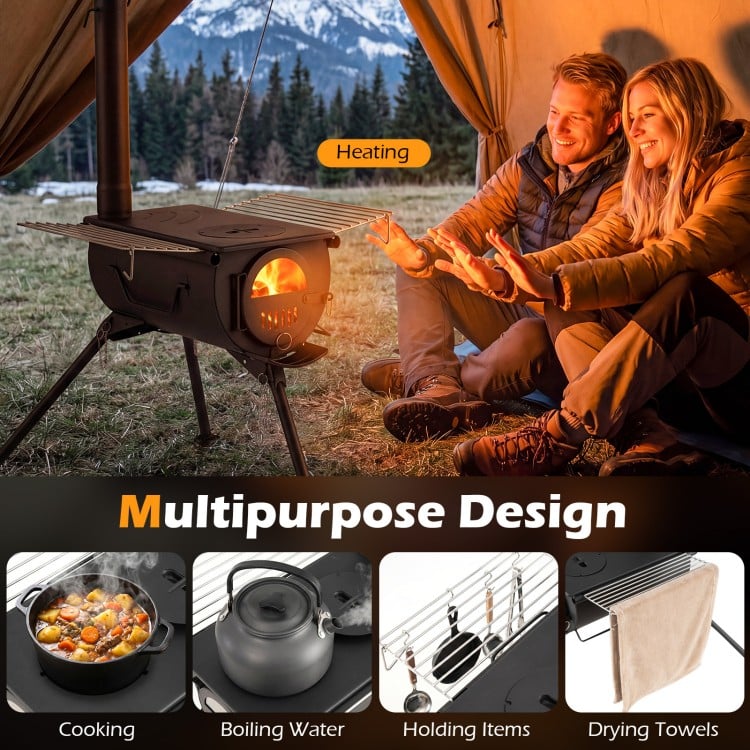 Hot Tent Stove with Chimney Pipes and Foldable Legs for Outdoor Heating