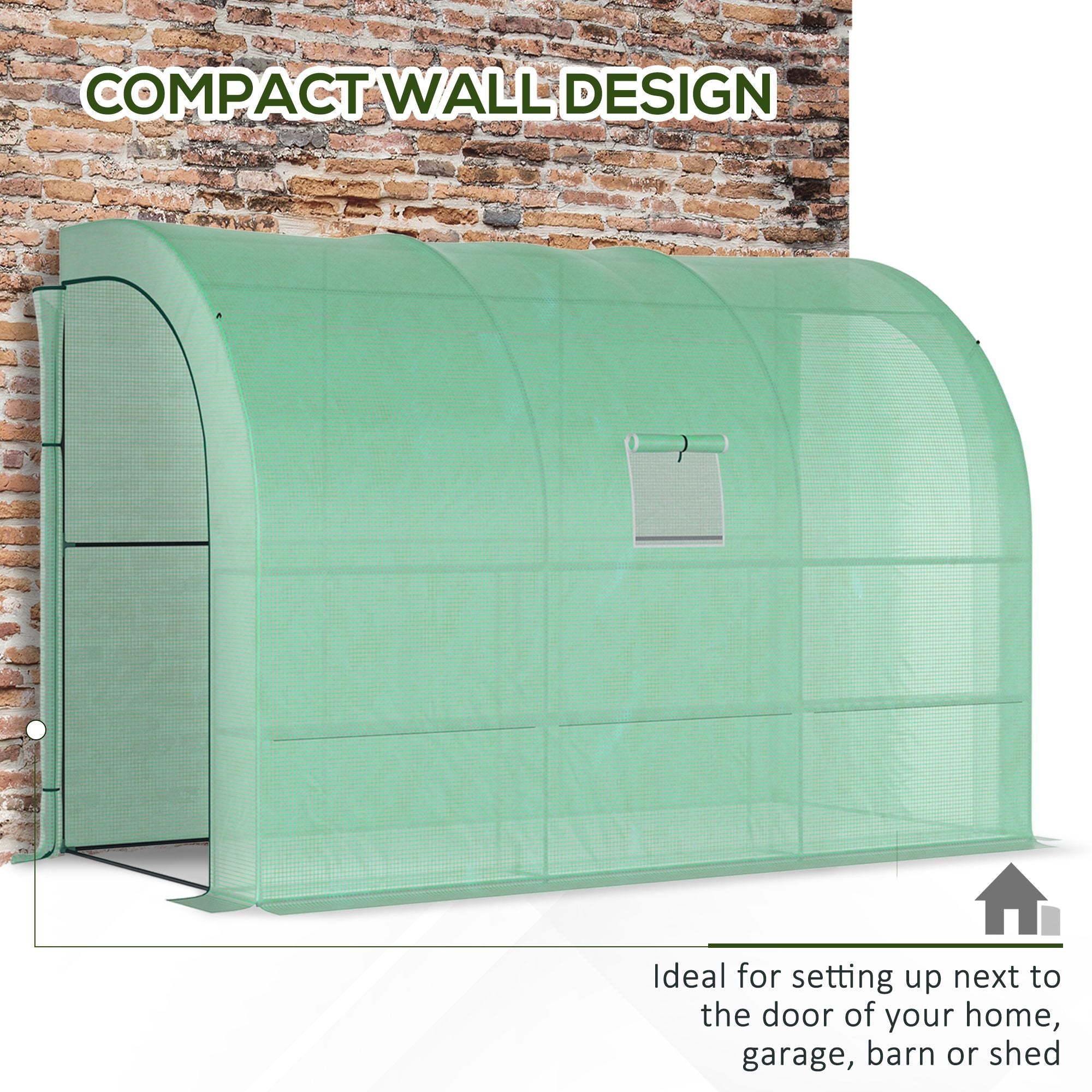 Outsunny Walk-in Wall Lean-to Greenhouse, 10' x 5' x 7' Outdoor Gardening Green House with PE Cover, Windows, Shelves and 2 Zipper Doors, Green