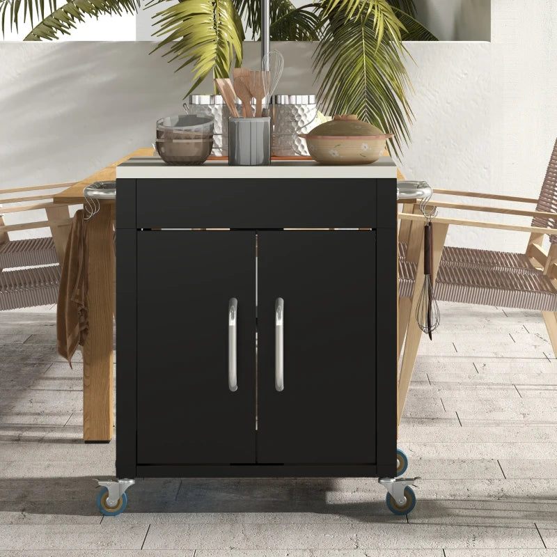 Outdoor Grill Cart with Stainless Steel Top, Pizza Oven Table with Wheels Hooks Cabinet Handles, Black