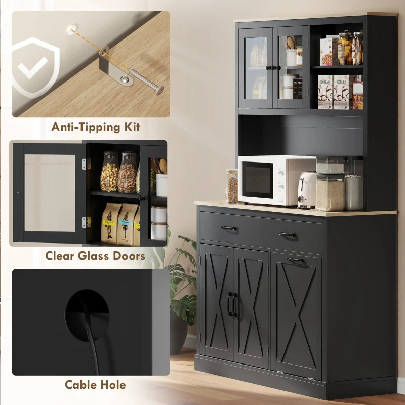 69" Kitchen Pantry Cabinet with Charging Station Kitchen Cabinet with Microwave Stand 7 Gallon Trash Can Cabinet Black