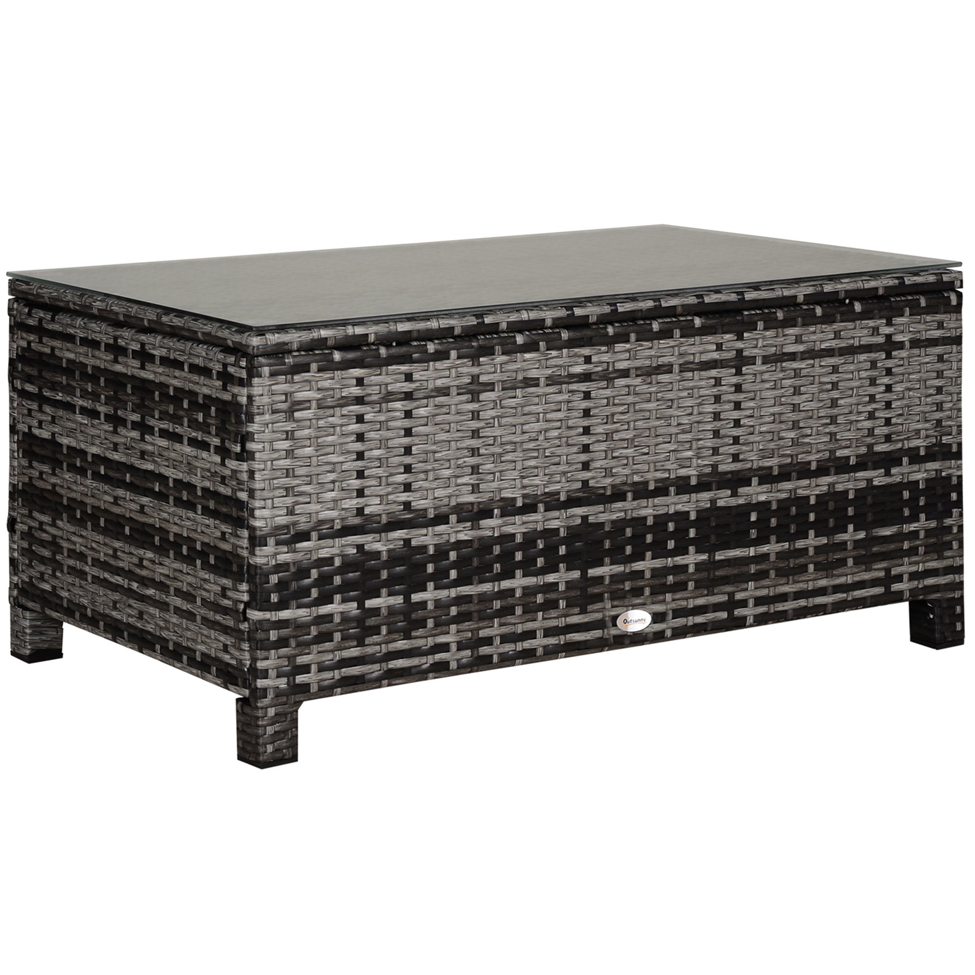 Outsunny Patio Side Table Outdoor Garden PE Rattan Wicker with Glass Top Balcony Furniture Mixed Grey