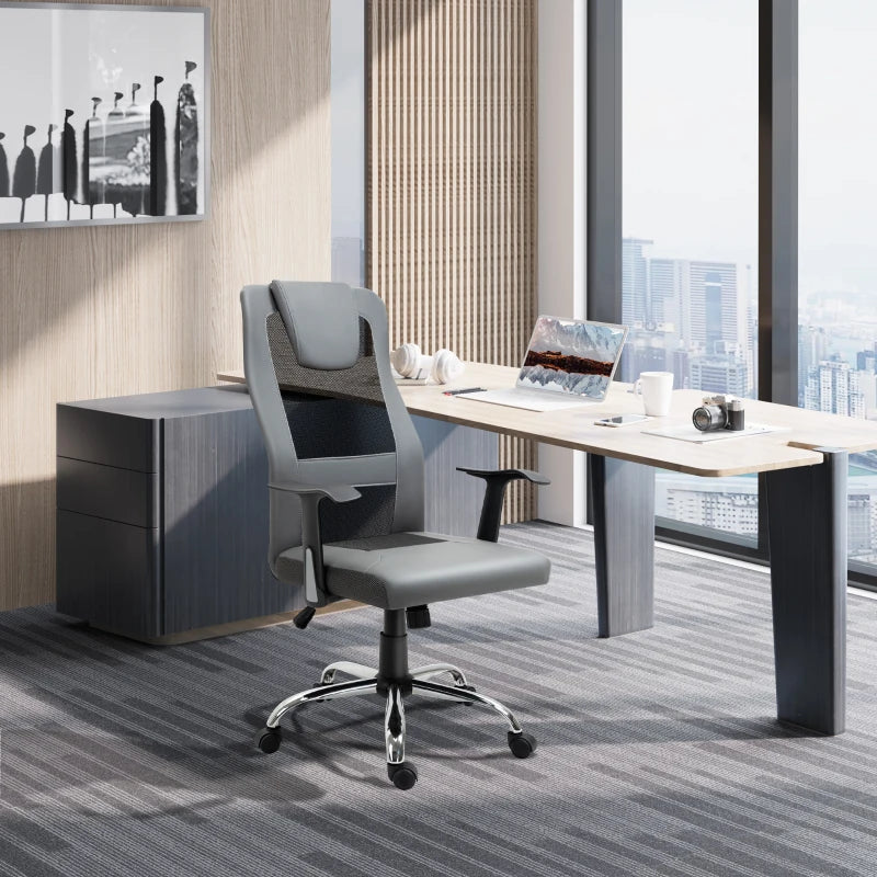 Office Chair High Back Mesh Ergonomic Computer Desk Seat Thick Padded Headrest with Armrest Office Grey