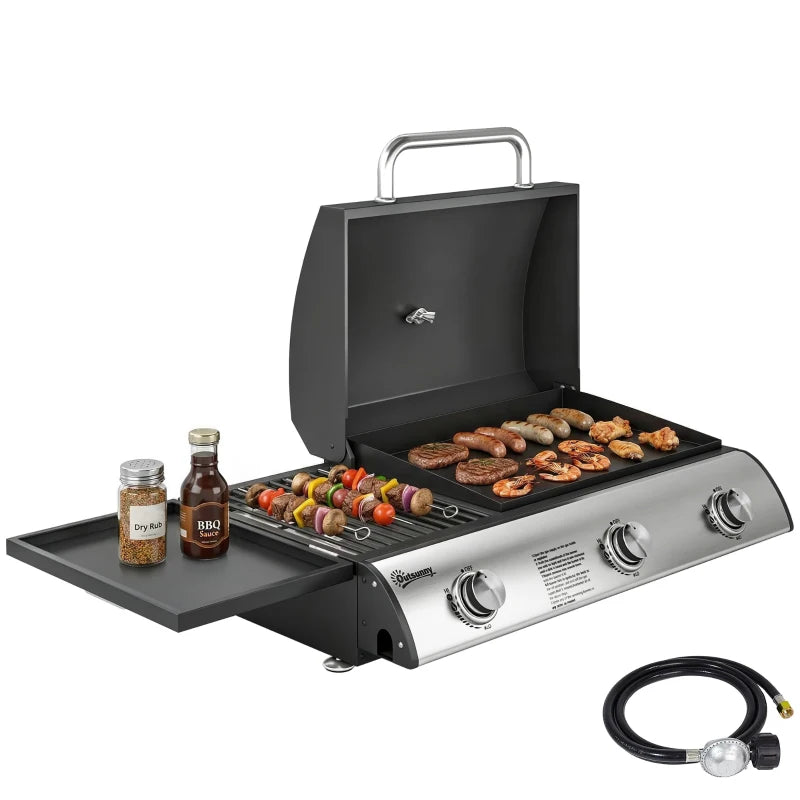 Outsunny 3 Burner Portable Propane Gas Grill Griddle, Tabletop Grill & Griddle Combo with Adjustable Foot Pads, 28,500 BTU, Black