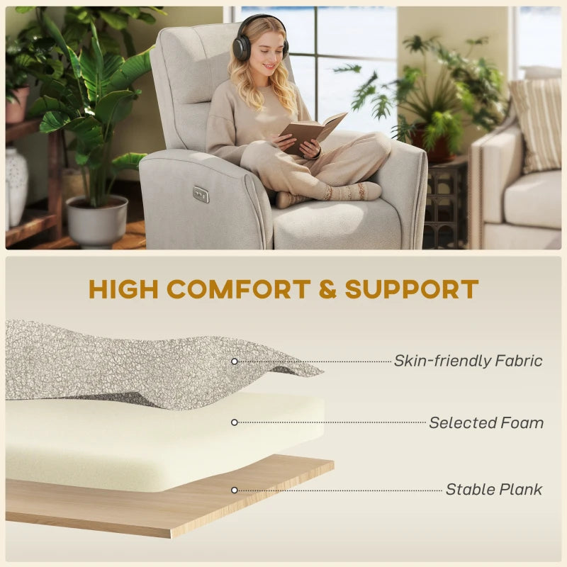 Power Recliner Chair, Fabric Upholstered Recliner Chair with USB Ports, Footrest, Beige