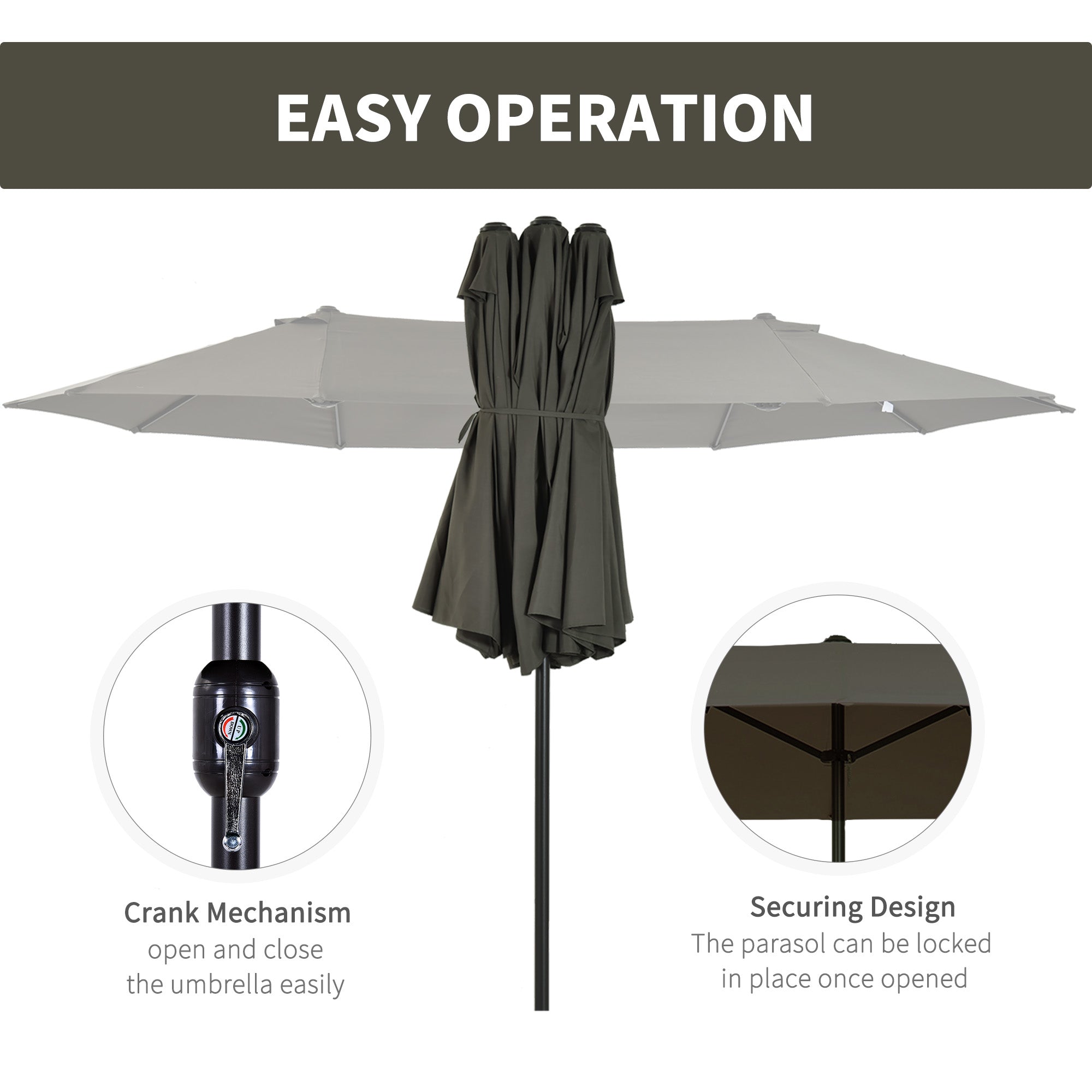 Outsunny 15' Outdoor Patio Umbrella with Twin Canopy Sunshade Steel Table Umbrella with Lift Crank Grey