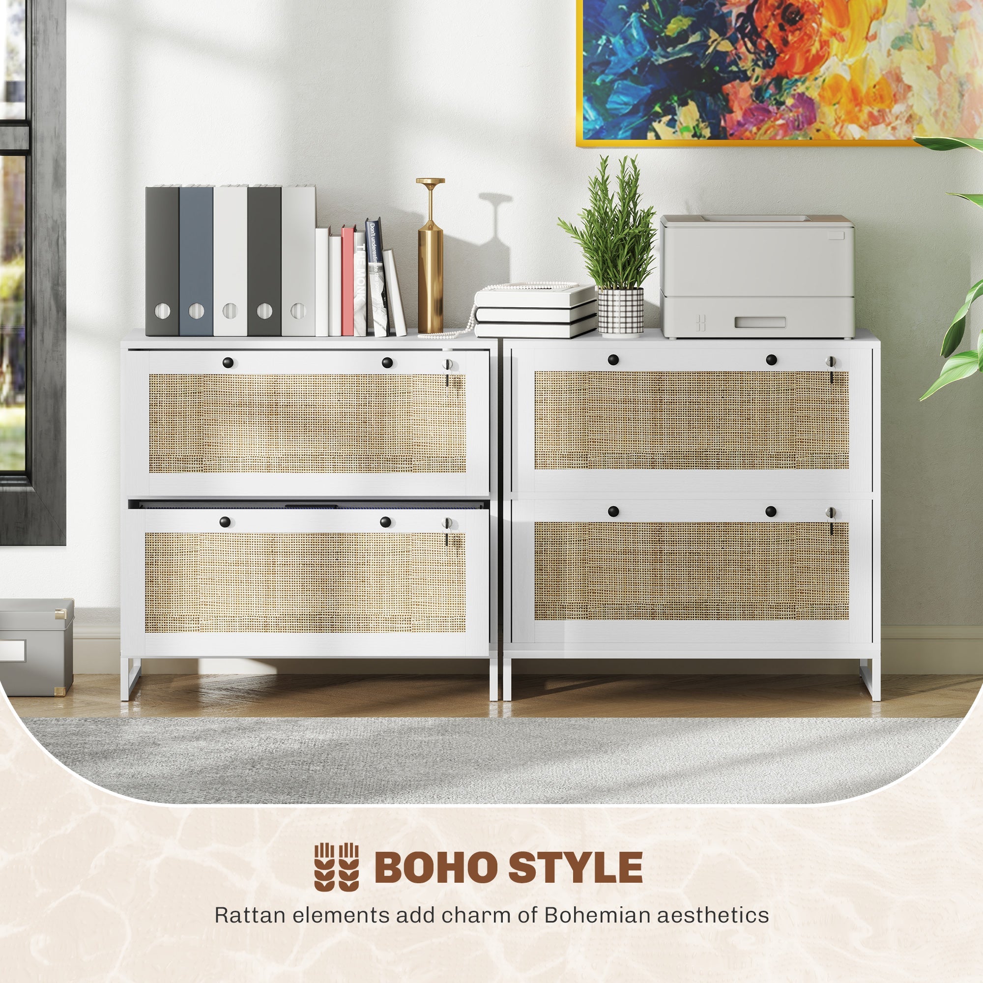 Vinsetto 2-Drawer Filing Cabinet with Lock, Rattan File Cabinet with Adjustable Hanging Bar, White
