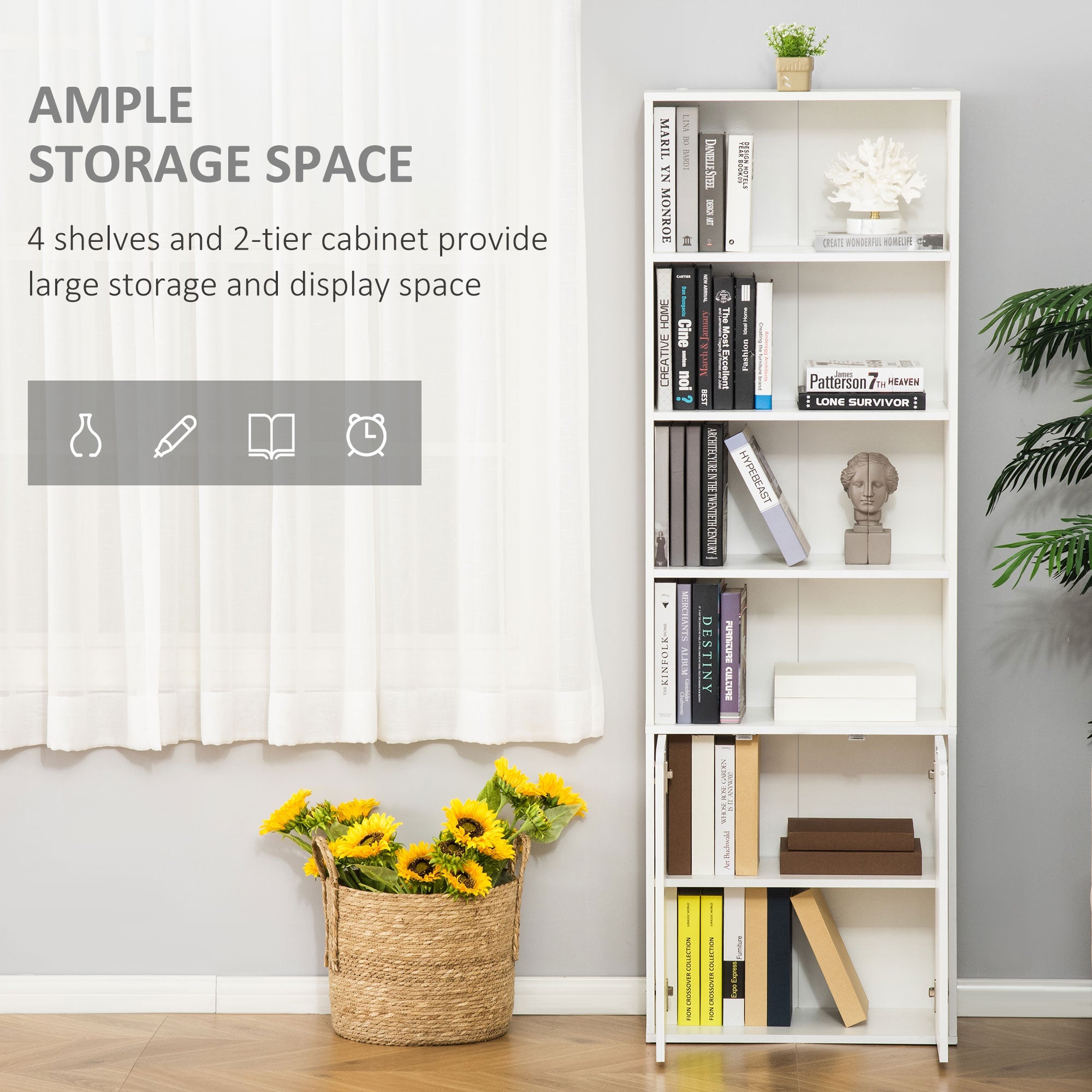 HOMCOM 4-Tier Bookshelf with Doors, White Modern Home Office Bookcase Storage Cabinet for Living Room, Bathroom, Study