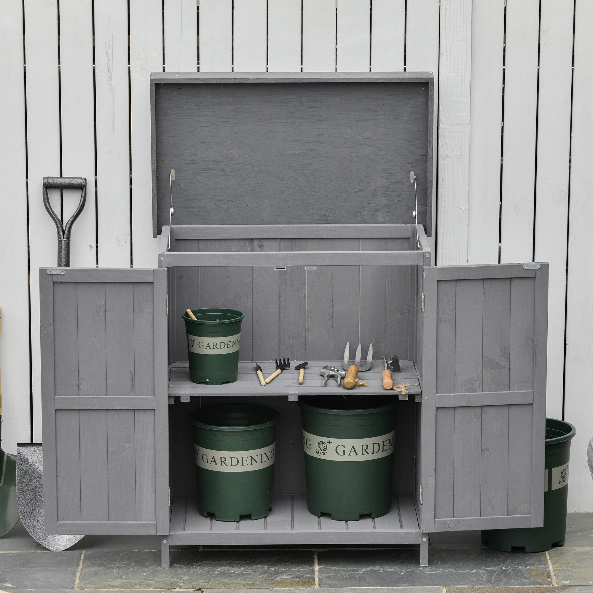 Outsunny Garden Tool Storage Shed Wooden Kit Hinged Roof 2-Tier Shelves Double Doors Dark Grey
