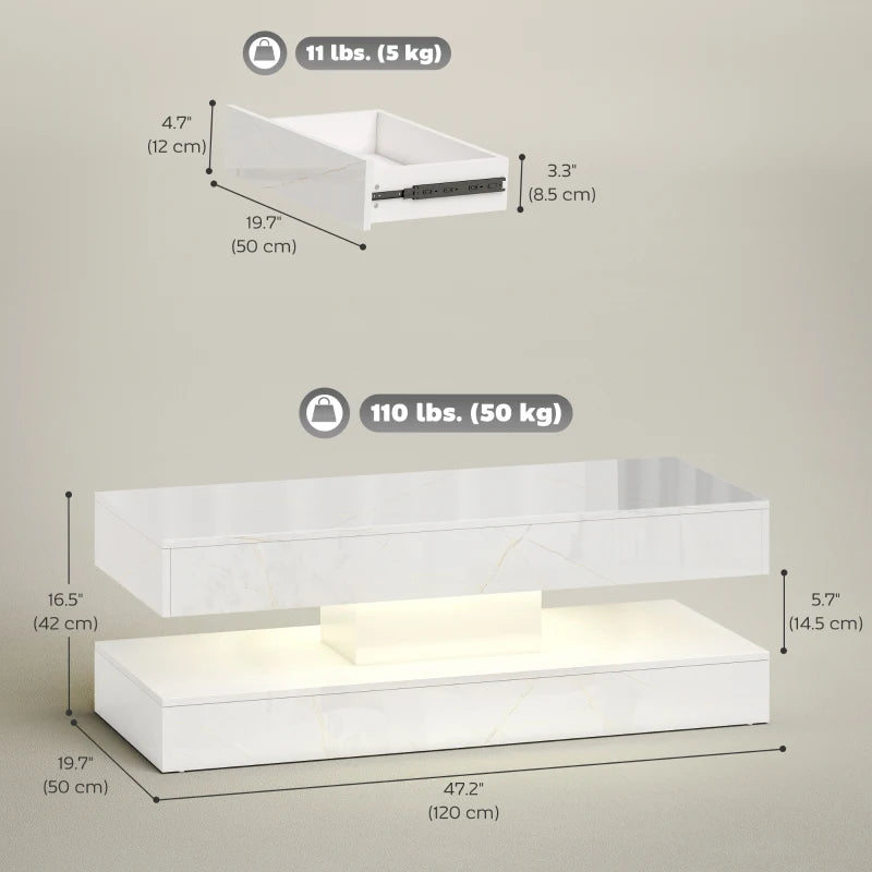 Coffee Table with Adjustable LED Lights, Center Table with 2 Drawers, Open Shelf, Remote, High Gloss Marble-Effect White