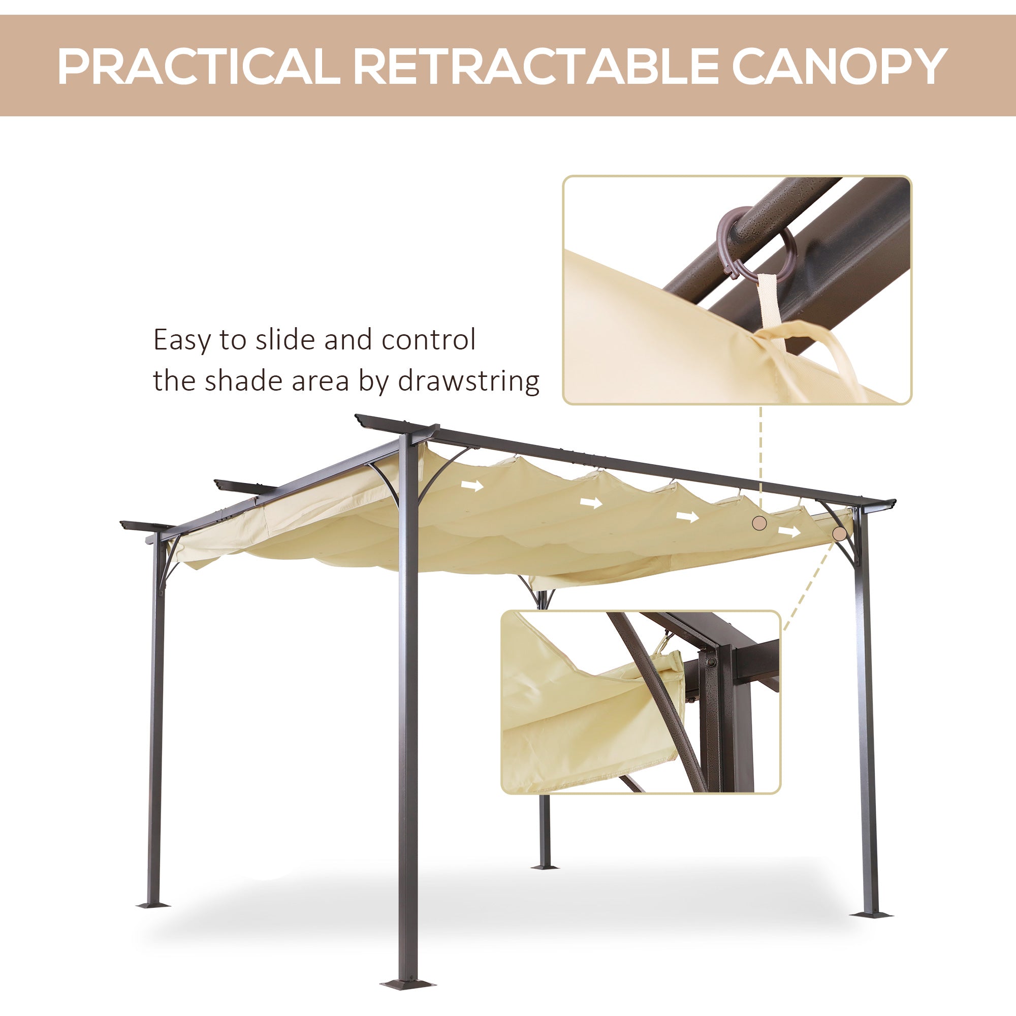 Outsunny 11.5' Pergola Retractable Gazebo Shade Deck Shelter with Steel Frame, Polyester Square Canopy, Beige