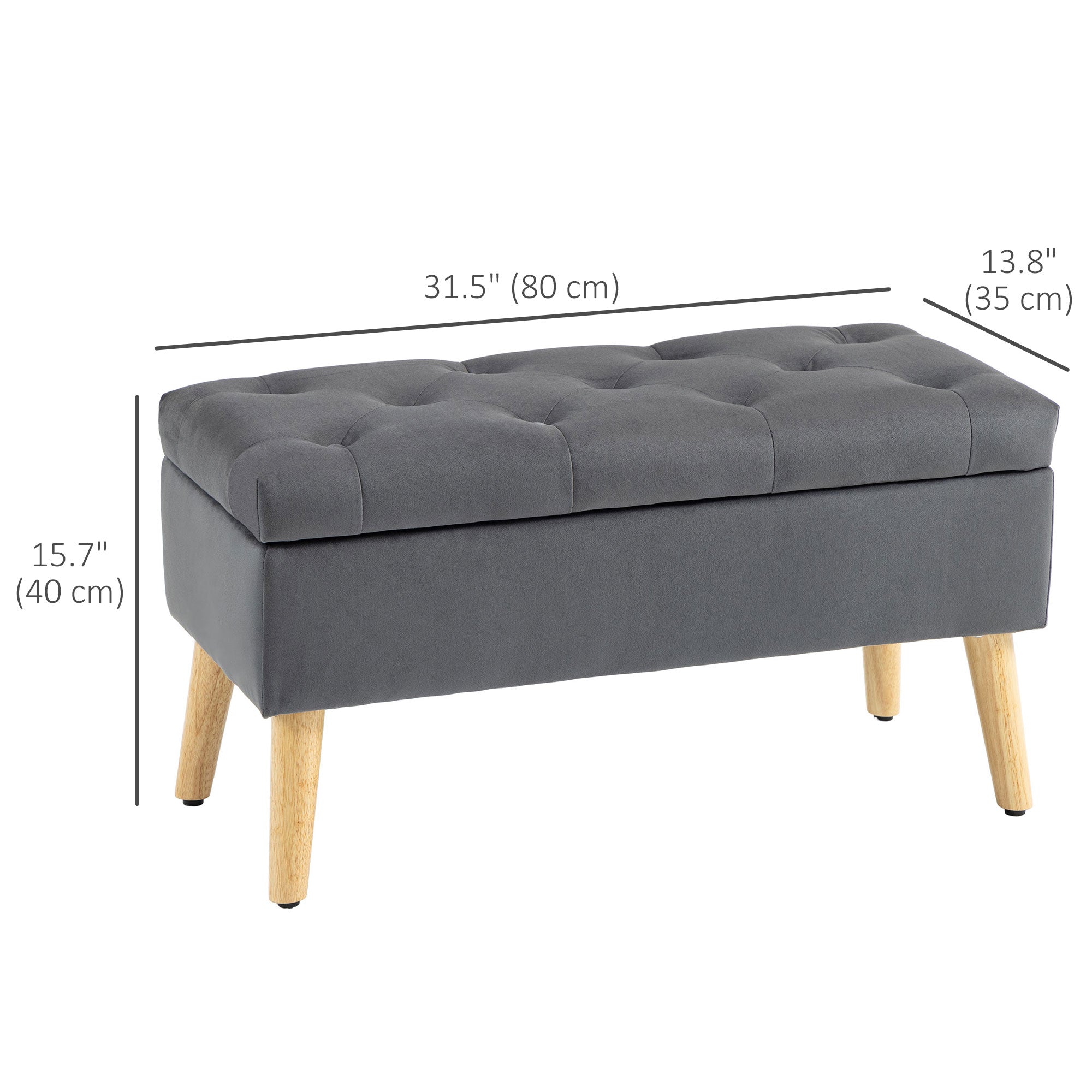 HOMCOM Storage Ottoman with Lid, Velvet Upholstered Storage Bench with Wood Legs for Living Room, Charcoal Grey