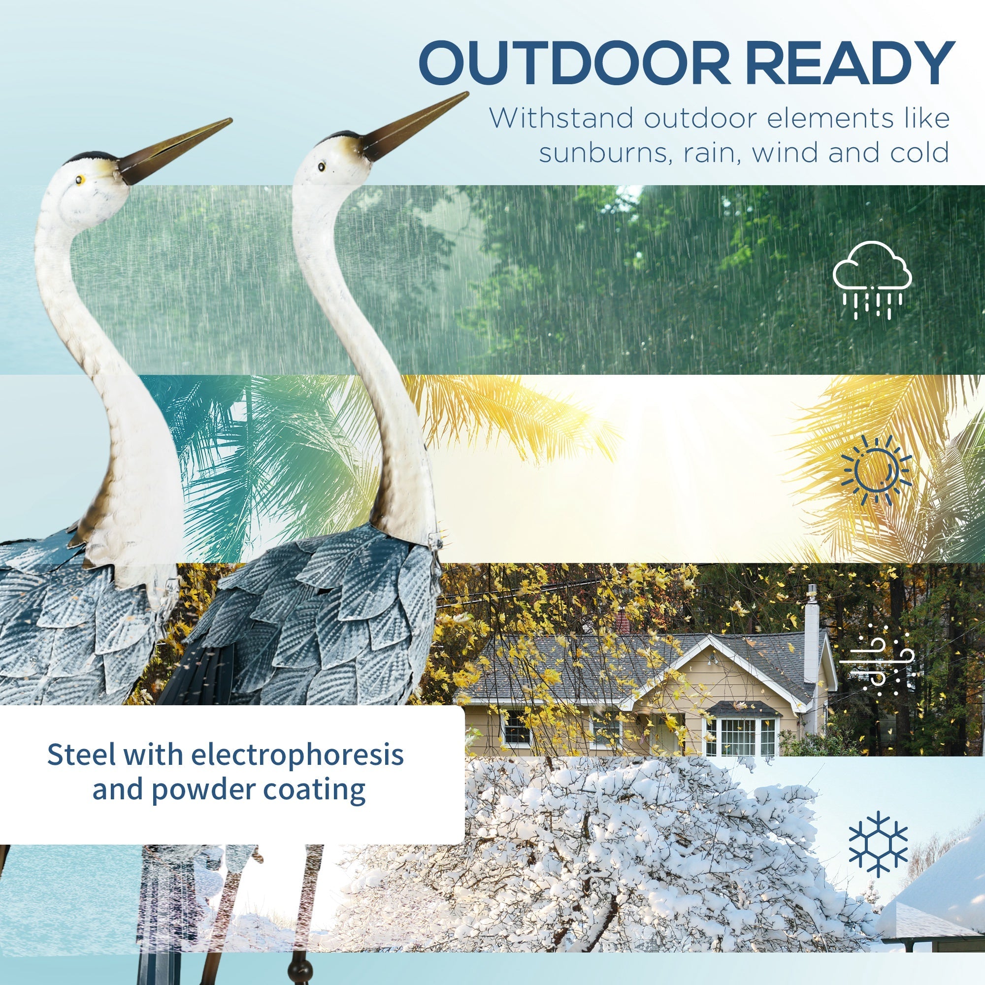 Outsunny Set of 2 Garden Sculptures Crane Statues Lawn Patio Backyard Ornaments, 28.5"-29.1", Blue