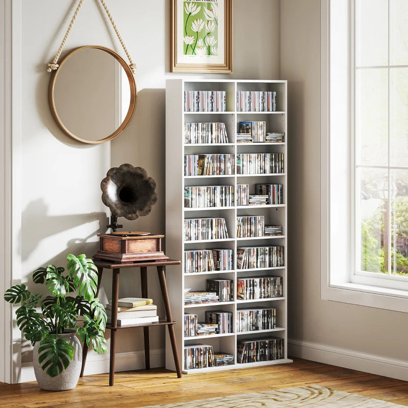 9-Tier DVD Shelf with 18 Compartments and 14 Adjustable Shelves, Holds 640 CDs, 360 DVDs or 430 Blu-rays, White