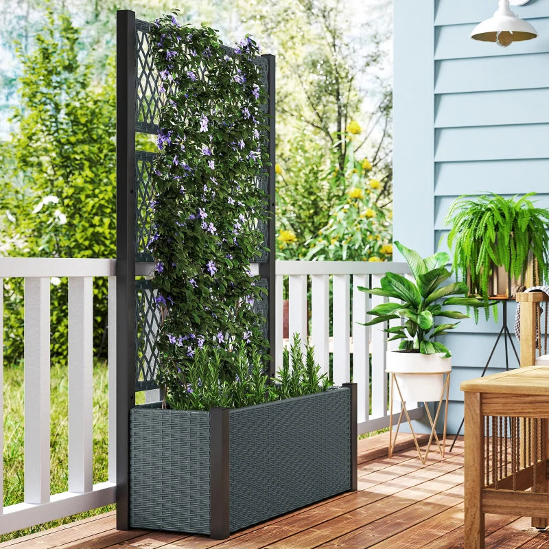 Wicker Outdoor Planter with Trellis, 58" Standing Garden Bed with Liner, Drainage Holes for Climbing Plants, Dark Grey