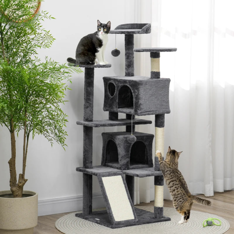 54" Cat Tree, Multi-Level Cat Tower with Scratching Posts, Cat Condos, Bed, Platforms, Ramp, Toy Ball, Dark Grey