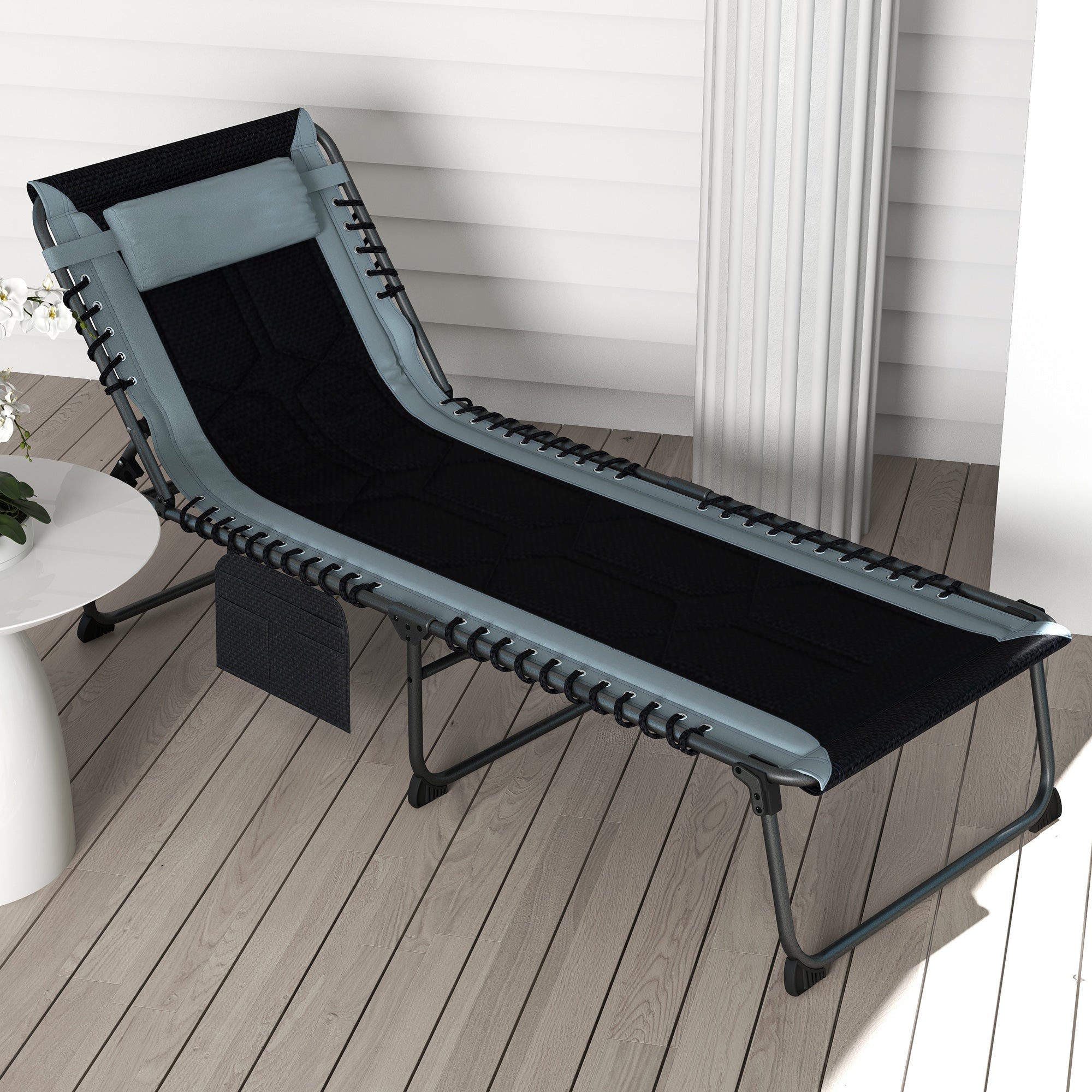 Outsunny Portable Folding Chaise Lounge Chair 5-Level Reclining Outdoor Chair with Side Pocket Headrest Black